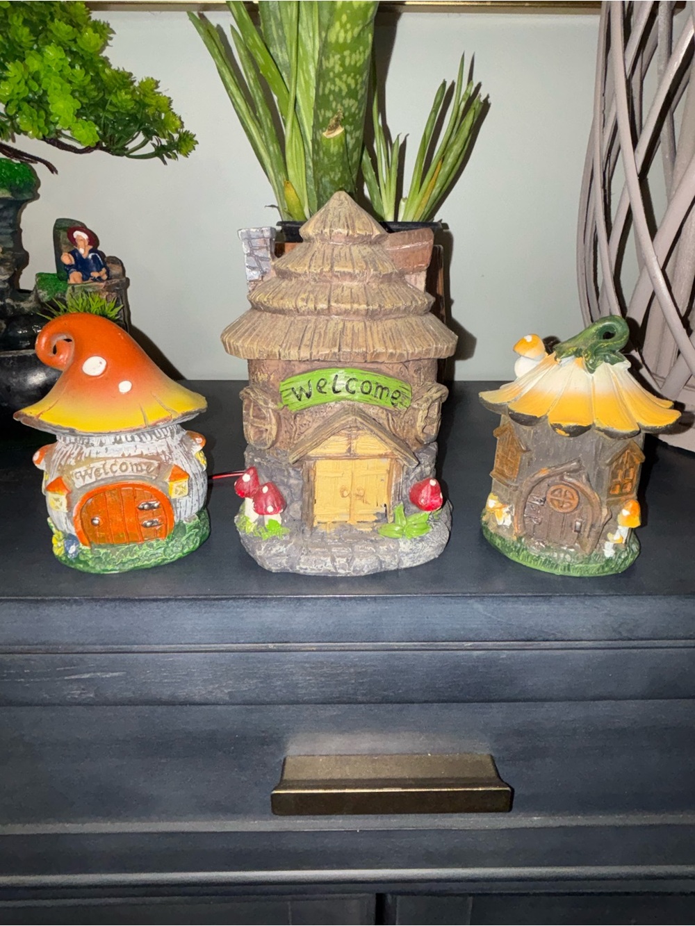 Vintage Welcome Fairy House Trio - Cottagecore whimsical mushroom houses